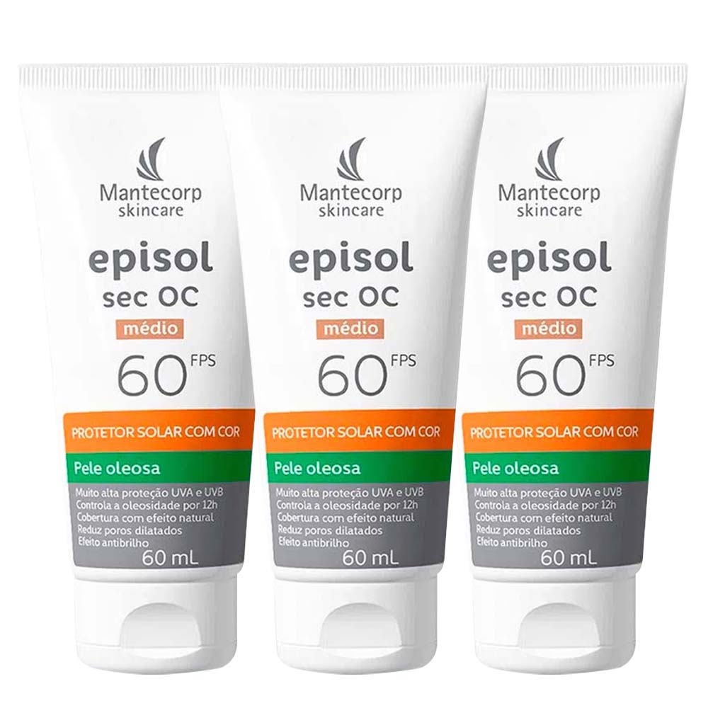 Miniatura Mantecorp Episol Sec Oc Kit com 3 Unidades – Protetor Solar Facial com Cor FPS60 – Médio 60ml Kit