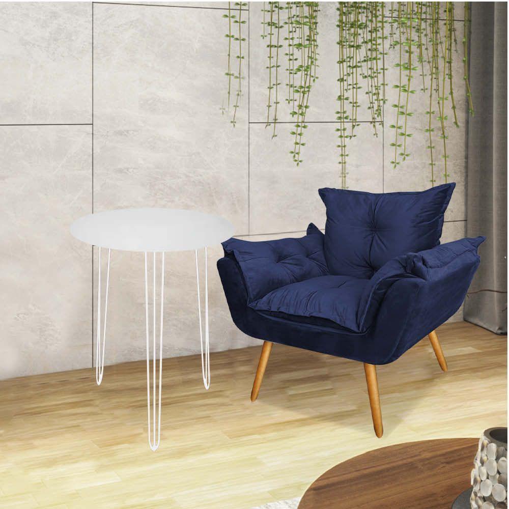 Miniatura Kit Poltrona Opala Com Mesa Roma Ferro Branco Tampo Redondo Branco Azul Marinho - Ahazzo Móveis