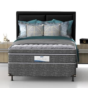 Miniatura Cama Box de Casal Probel Village D28 com Molas Ensacadas e Pillow Euro 68x138x188cm - Branco/Preto