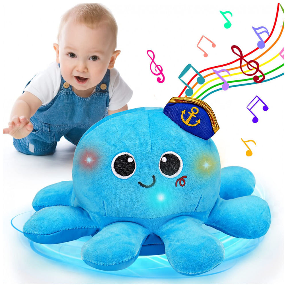 Miniatura Polvo musical de pelúcia azul Tsomtto T899 com luz, fala gravada e movimento para engatinhar e caminhar