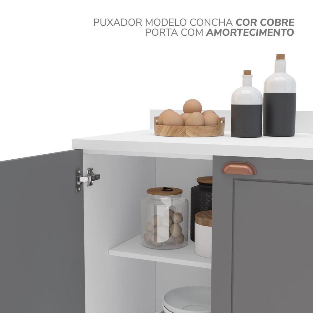 Cozinha Pérola com Rodapé 4 Peças Aéreos com 5 Portas, Balcão 2 Gavetas 3 Portas e Balcão 2 Portas Y Branco/Cinza