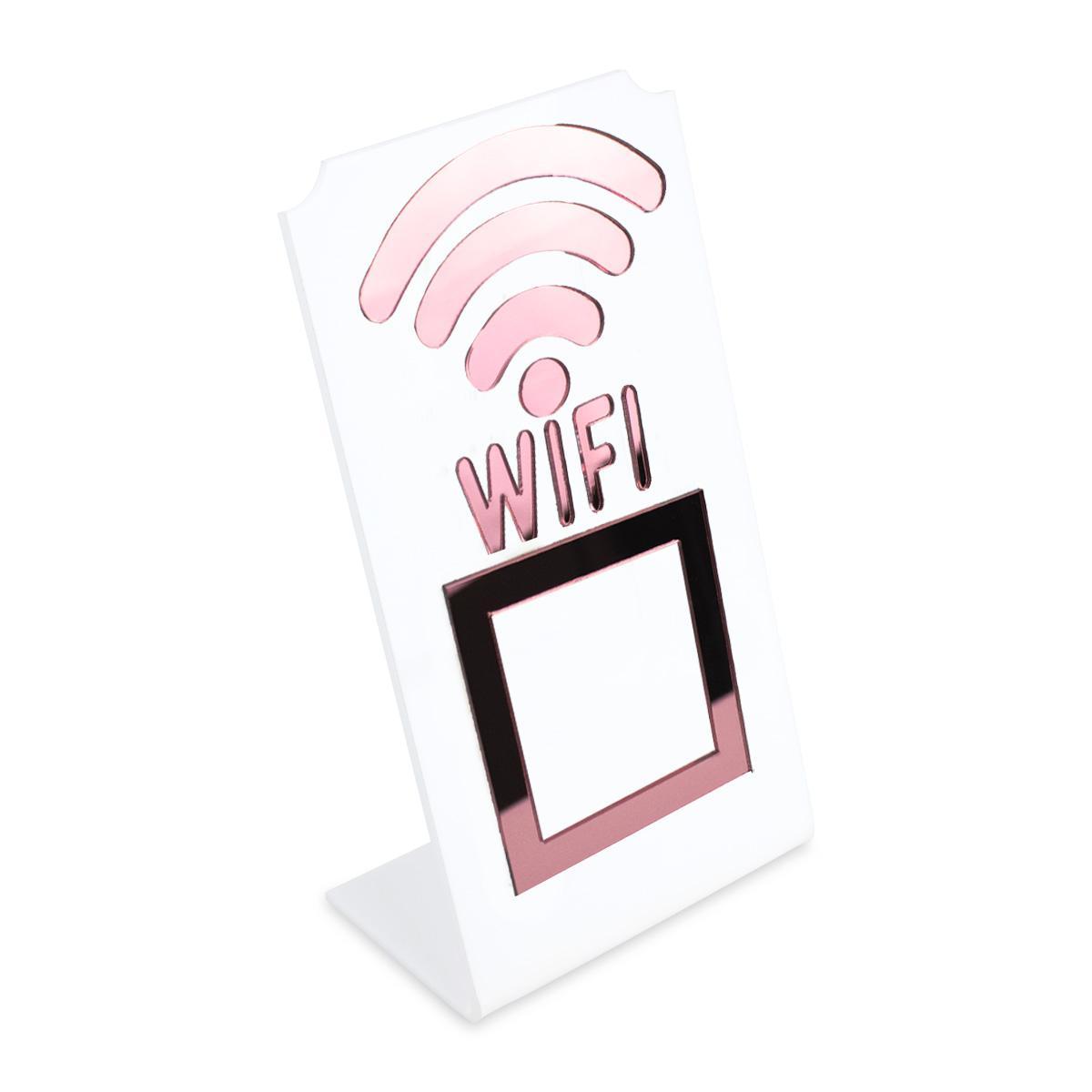 Miniatura Placa Wifi Qr Code Display Acrílico De Balcão Branco E Rosa