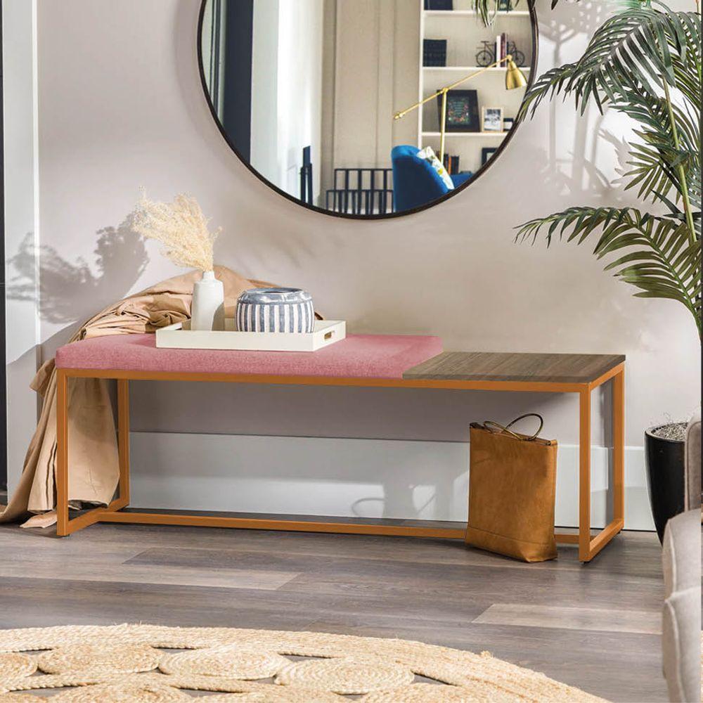 Miniatura Banco Recamier Puff 195cm Industrial Bronze Suede Rose Tampo Quadrado Marmorizado