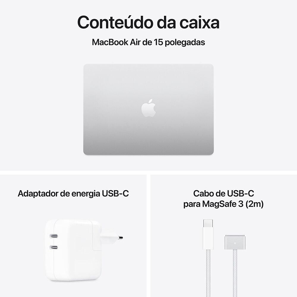 Apple Macbook Air 15", M4,  com CPU de 10 núcleos, GPU de 10 núcleos, 16GB RAM, 256GB SSD - Prata