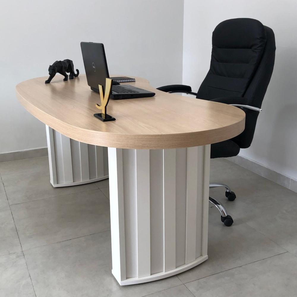 Mesa Para Escritório 200cm Curvas Orgânicas Tampo Tamburato Diretor Artany Carvalho/Branco