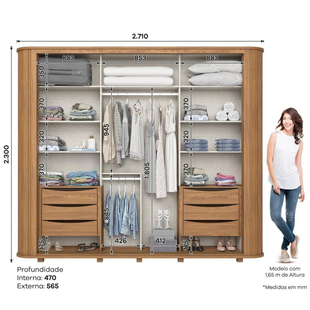 Miniatura Guarda-roupa Casal Mozzate Cantos Arredondados com Ripado 2 Portas Deslizantes 6 Gavetas com Usinage Nature/Off White/Preto
