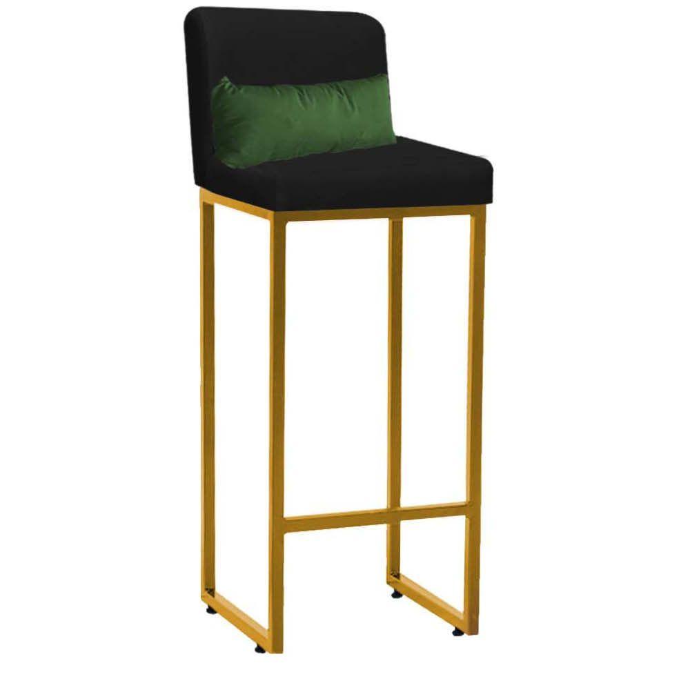 Miniatura Banqueta Alta Com Encosto Industrial Ferro Dourado Suede Preto E Almofada Verde - Amey Decor