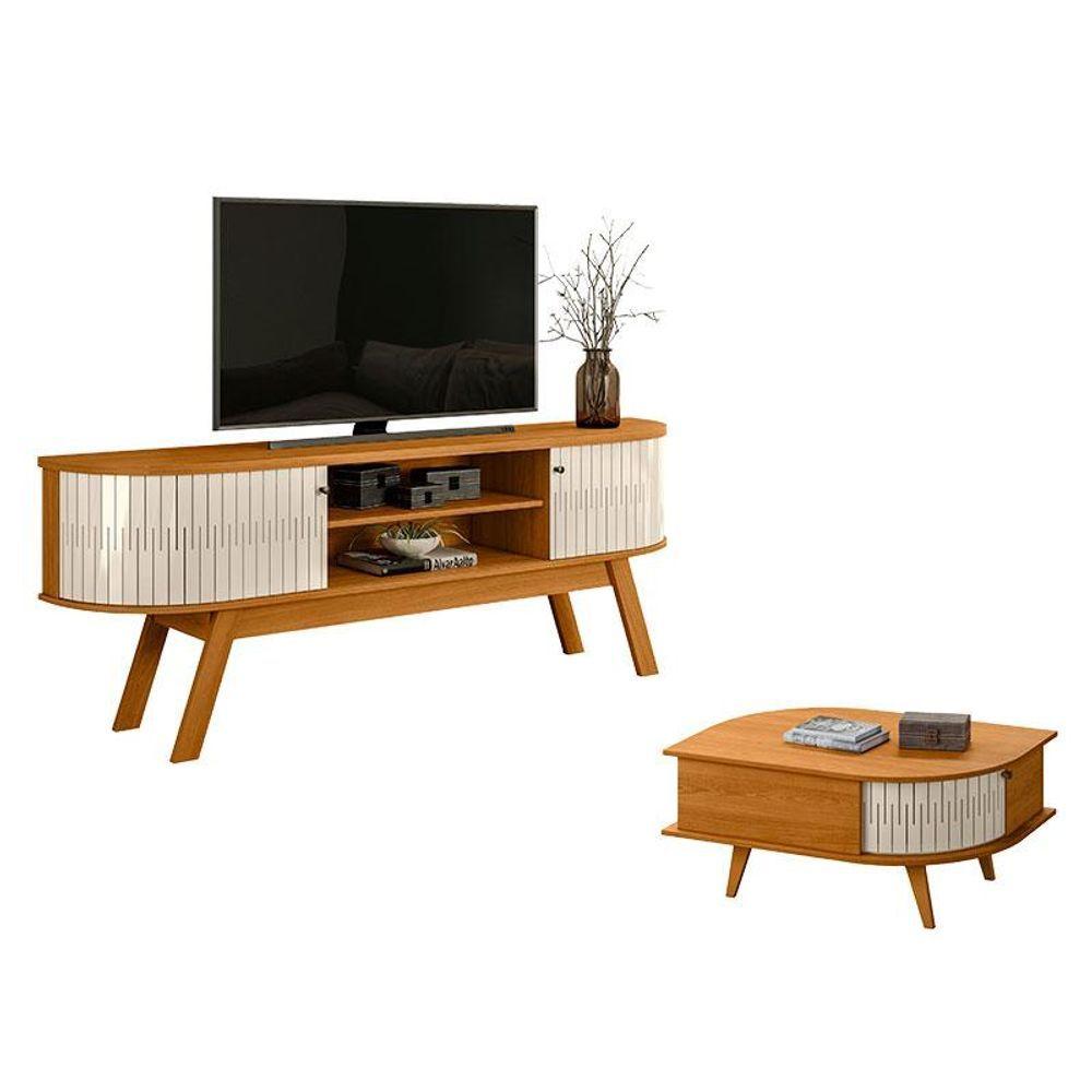 Miniatura Rack Bancada Valência Com Mesa De Centro Indianápolis Cinamomo Off White - Madetec