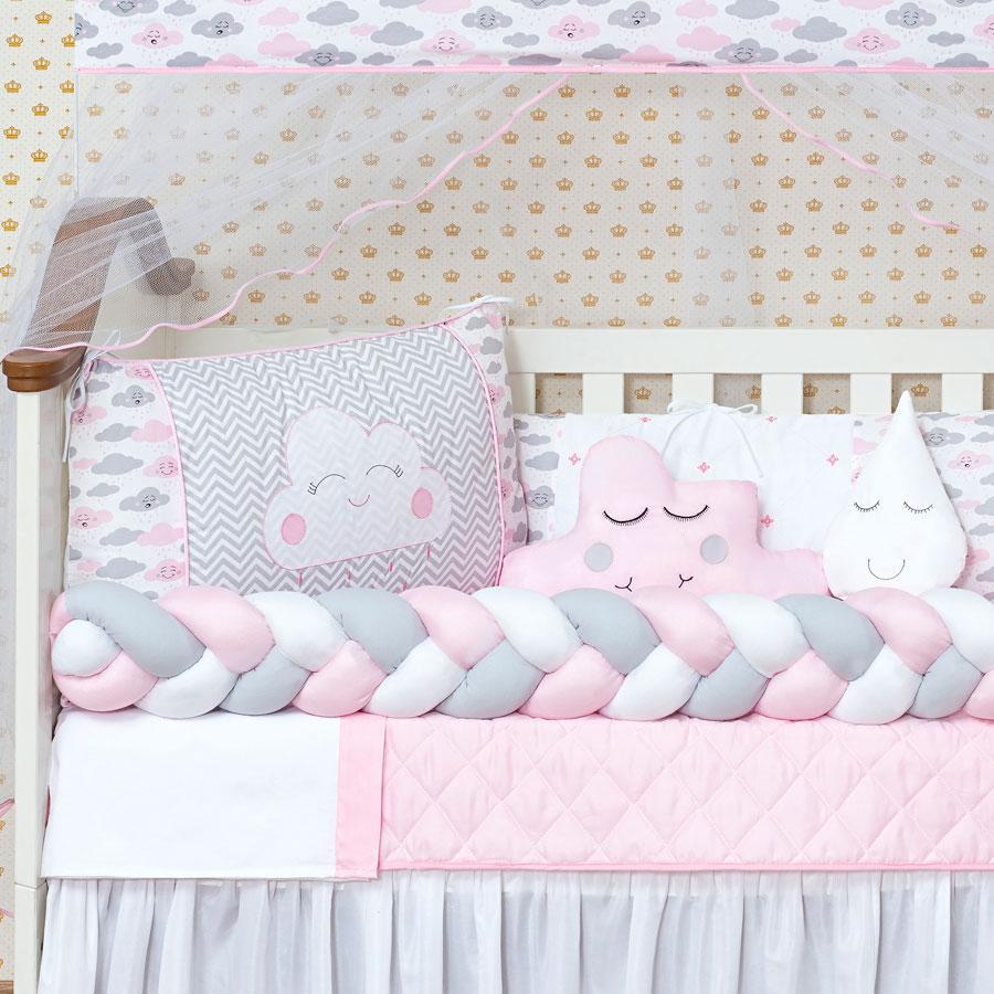 Miniatura Kit Berço Menina Nuvem Trança 12 Peças Com Mosquiteiro Rosa - Kit para berço - 12 peças