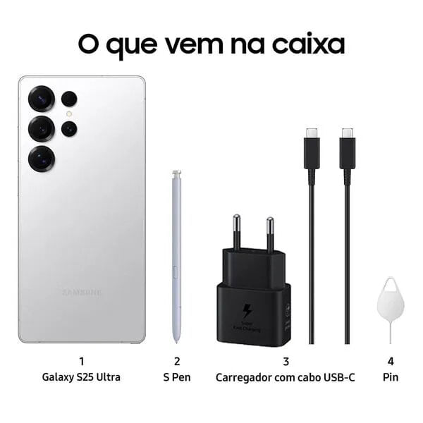 Miniatura Smartphone Samsung Galaxy S25 Ultra 512GB 5G - Titânio Prata, com Caneta S Pen, Galaxy AI, Câmera Quadrupla 200MP + Selfie 12MP, RAM 12GB, Tela 6.9"