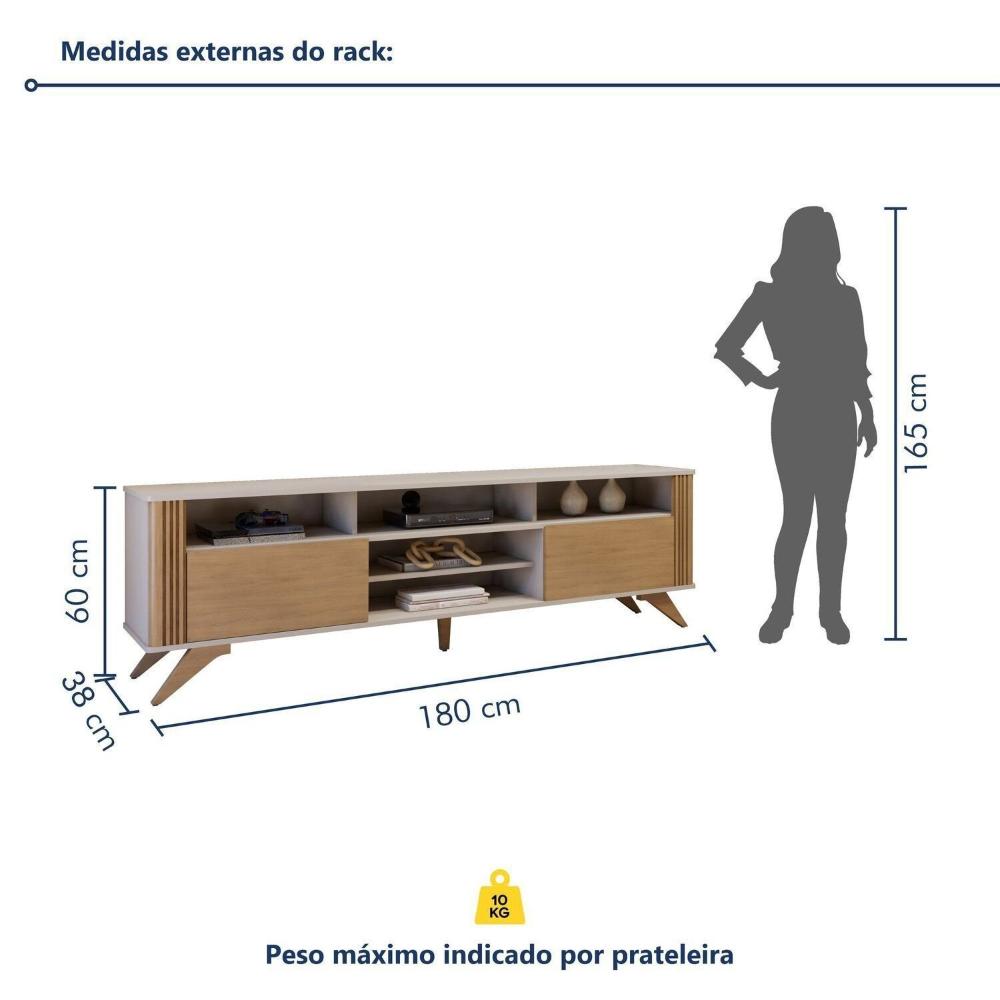Miniatura Rack Bancada Mariana Pés Madeira Maciça com Painel Vitória para TV até 65 Polegadas Off White/Cinamomo