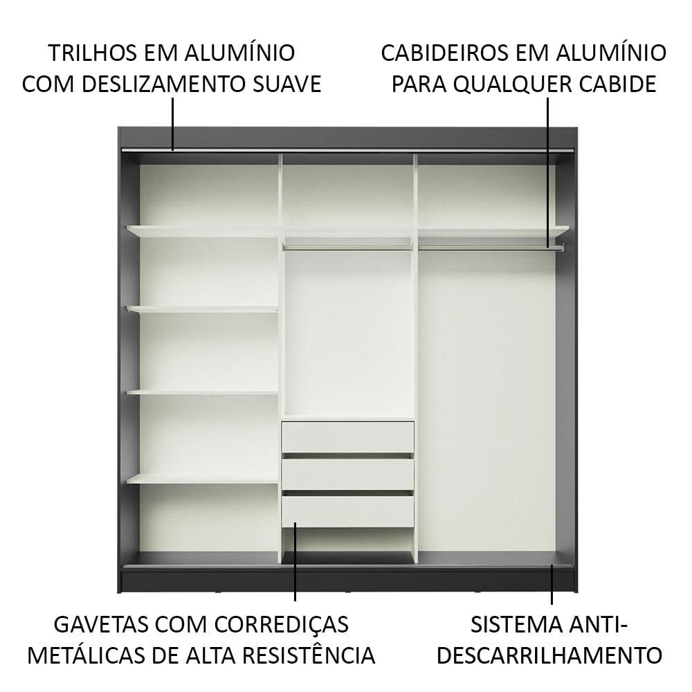 Miniatura Guarda-Roupa Casal Madesa Kansas 3 Portas de Correr 3 Gavetas Preto