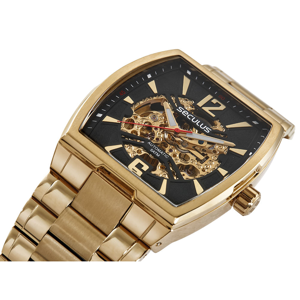 Miniatura Relógio Masculino Automático Aço Vidro Abaulado Dourado