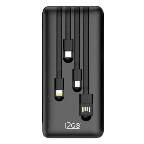 Miniatura Carregador Portátil (Power Bank) 10000mAh 4 em 1 com Cabos Acoplados (Micro USB, USB-C, Lightning E USB-A) I2GO Plus Preto - Bivolt