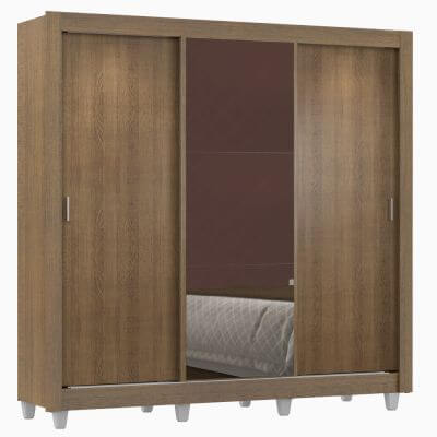 Guarda Roupa Casal Madesa Lyon 3 Portas de Correr com Espelho 2 Gavetas com Pés Rustic Cor:Rustic