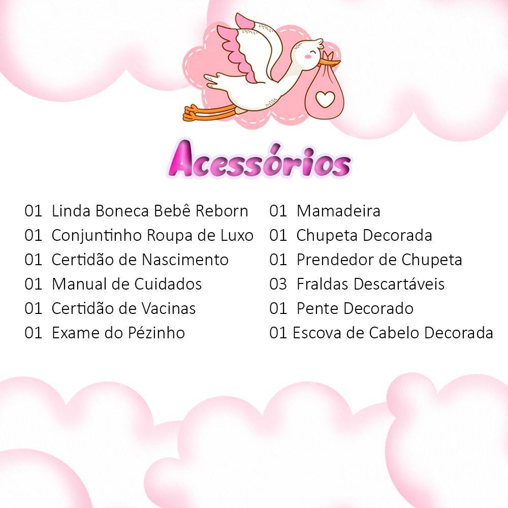 Boneca Bebê Reborn 100% Silicone Cabelos Castanhos 13 Itens