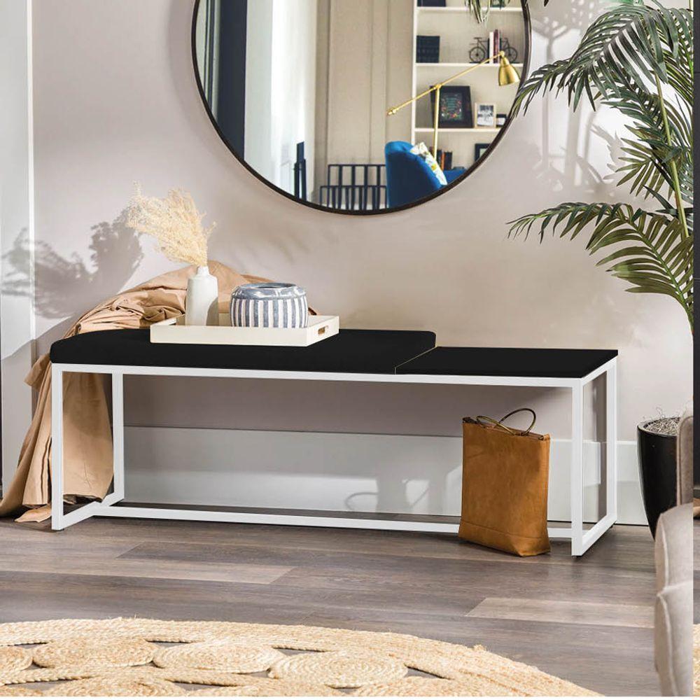 Miniatura Banco Recamier Puff 160cm Industrial Branco Sintético Preto Tampo Quadrado Mdf Preto