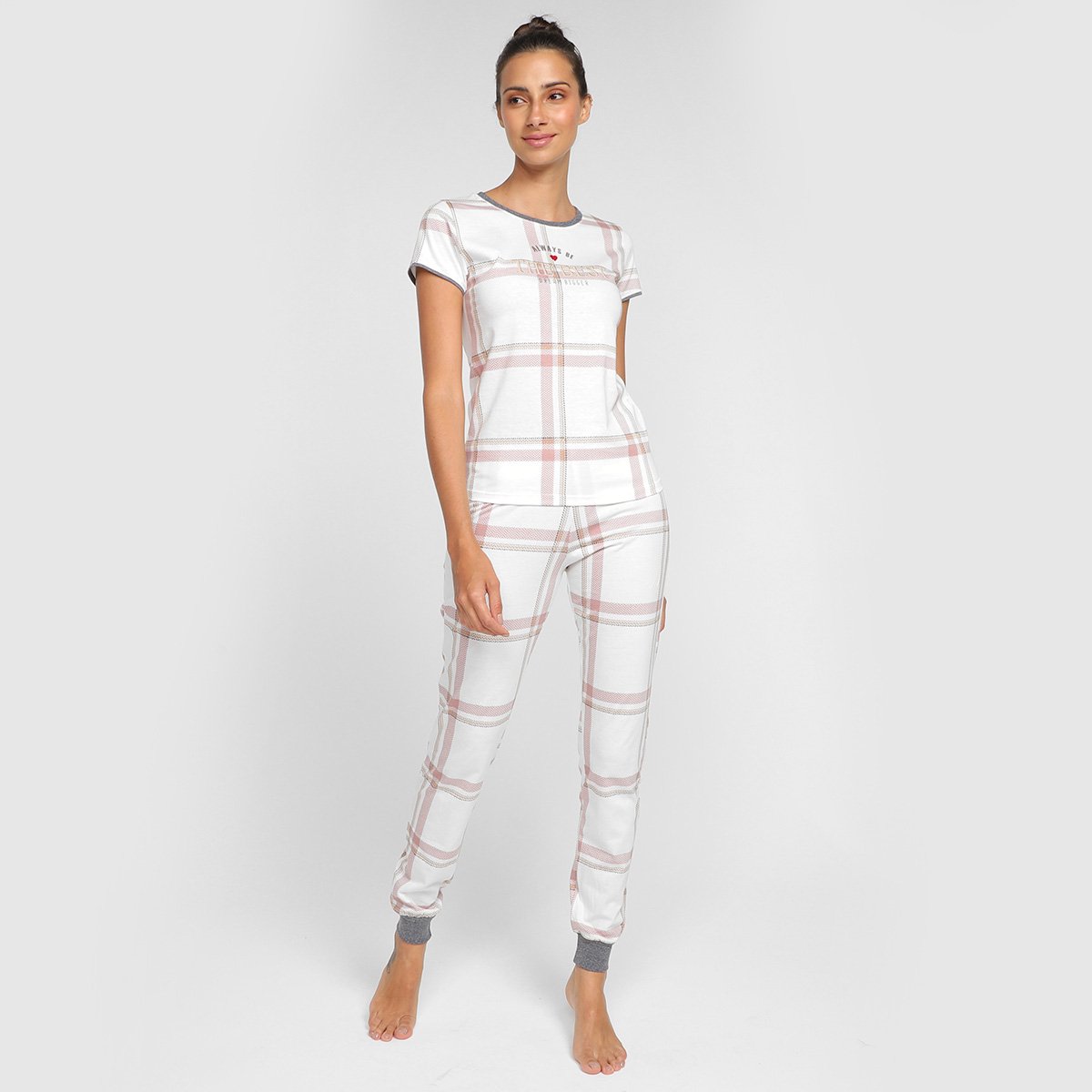 Miniatura Pijama Longo Cor Com Amor Manga Curta Estampado Feminino Off White - G