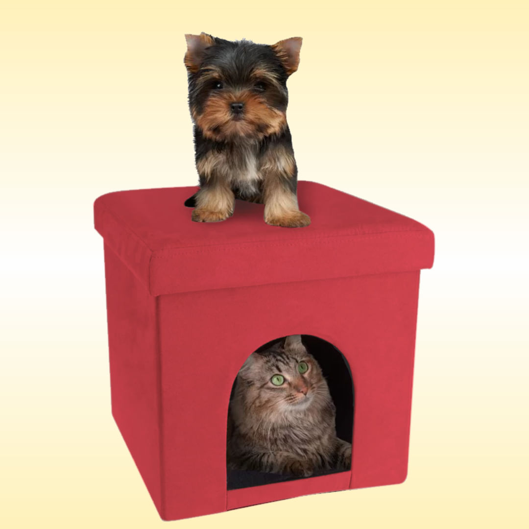 Miniatura Puff Pet Puff Baú Casinha Pet Dobrável em Suede Vermelho