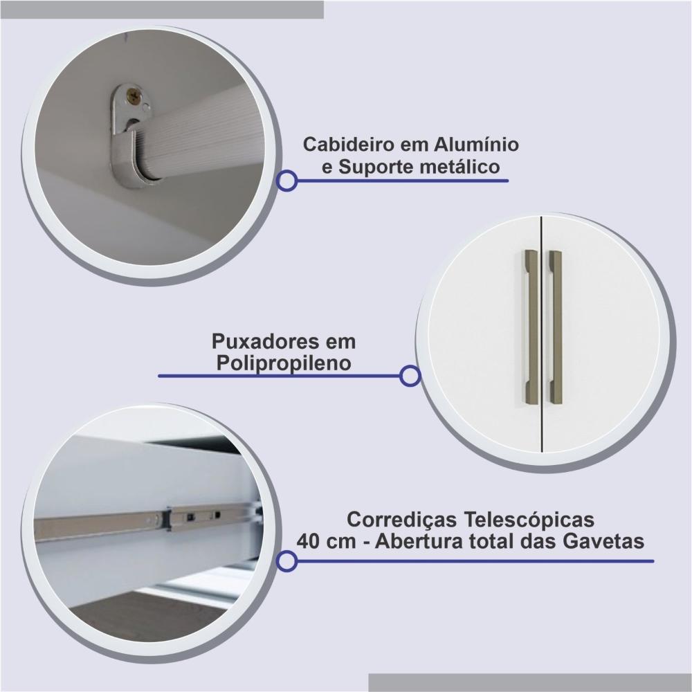 Guarda Roupa Espelhado Casal 3 Portas 6 Gavetas 100% MDF Qatar Branco