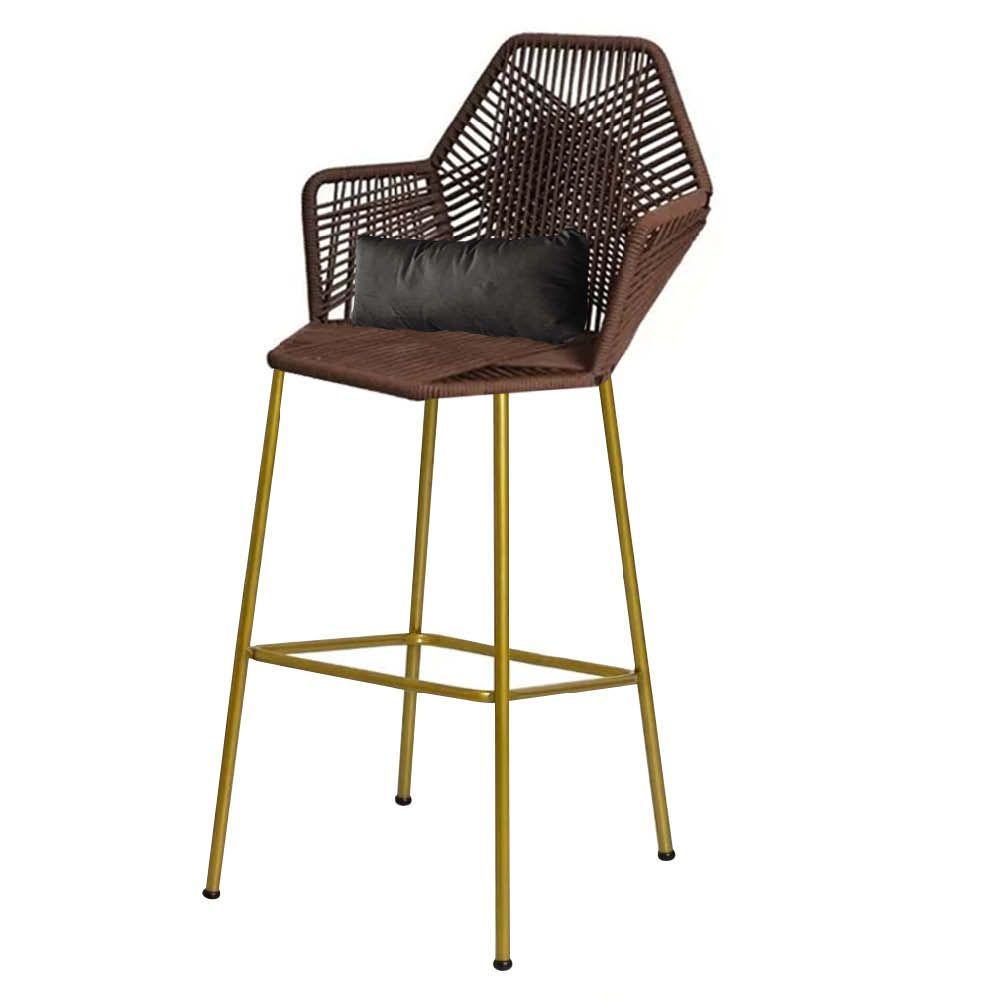 Miniatura Banqueta Alta Com Encosto Sttar Ferro Dourado Fibra Marrom Almofada Suede Cinza