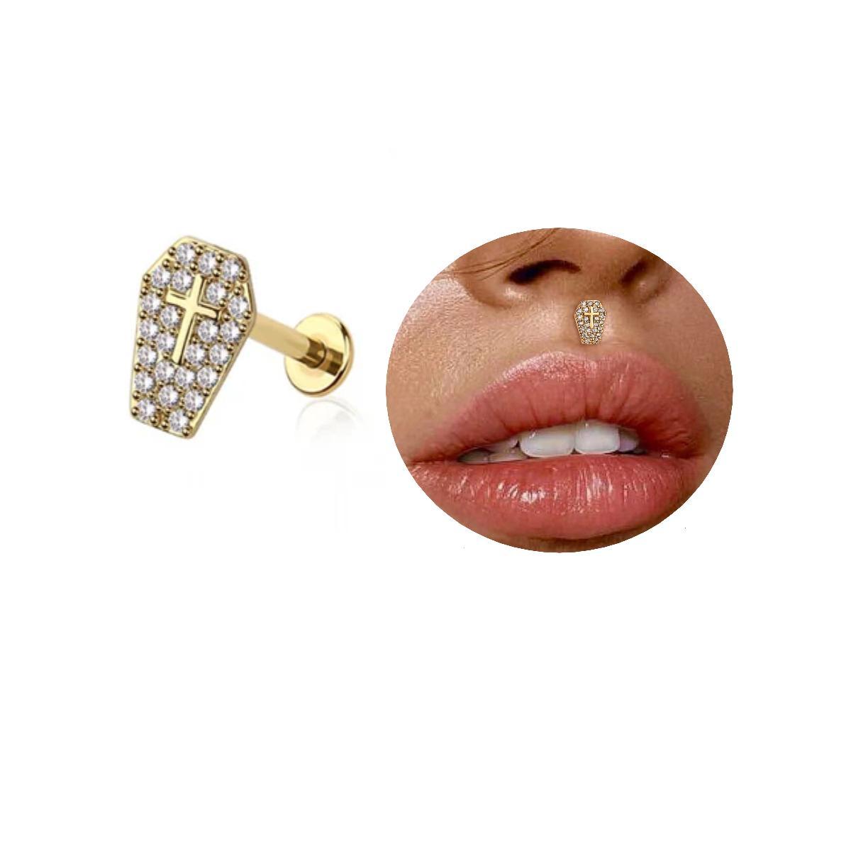 Miniatura Piercing Labret Lip Cartilagem Caixão Cruz Aço Halloween