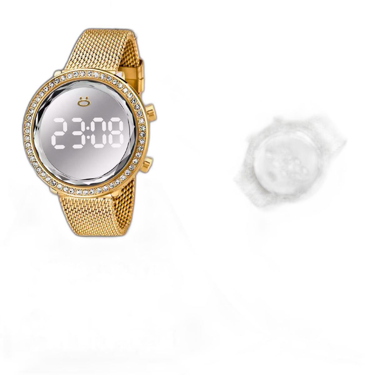 Miniatura Relogio Digital Feminino Aço + Caixa + Colar Strass Brinco