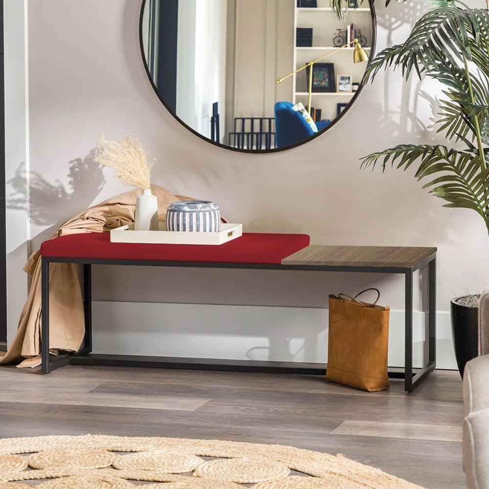 Miniatura Banco Recamier Puff 195cm Industrial Preto Corino Vermelho Tampo Quadrado Mdf Marmorizado