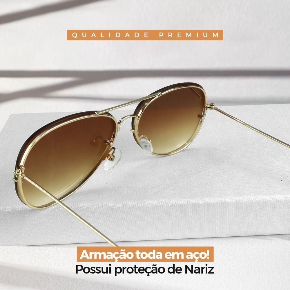 Oculos Sol Feminino Aço Inoxidavel Marrom Aviador + Case Presente Lente Marrom Armação Dourada