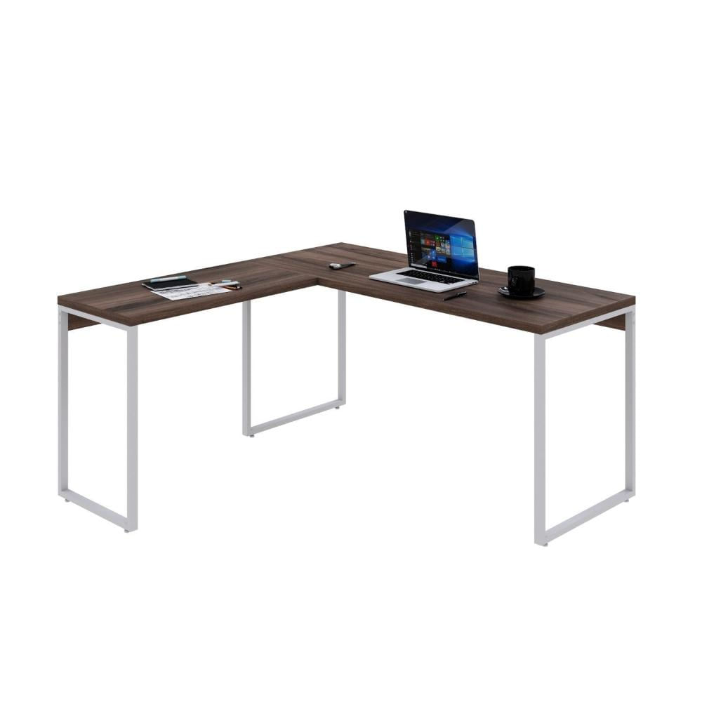 Miniatura Mesa de Escritório em L Estilo Industrial 150x150cm Kuadra Nogal / Est.Branca