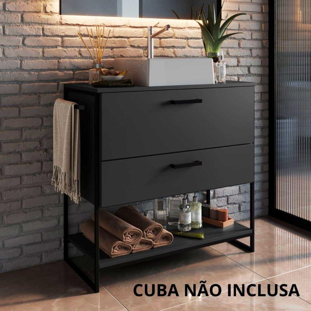 Balcão Para Banheiro Com Pés Em Aço 1 Porta E 1 Gaveta 80 Cm preto Com Grafite Preto Com Grafite
