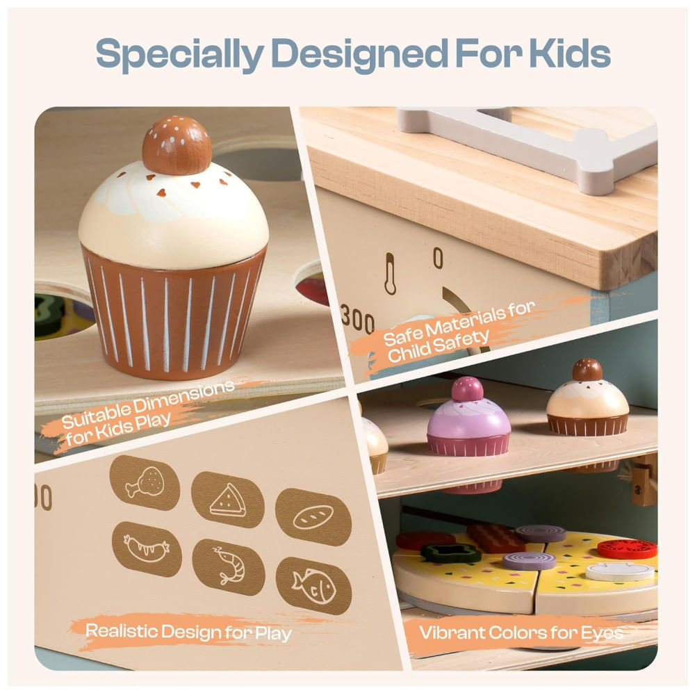 Miniatura Forno de Cozinha Educativa de Brincar em Madeira ROBUD, com Mini Cupcakes e Pizza, para Crianças - Brinquedo Realista de Forno de Madeira