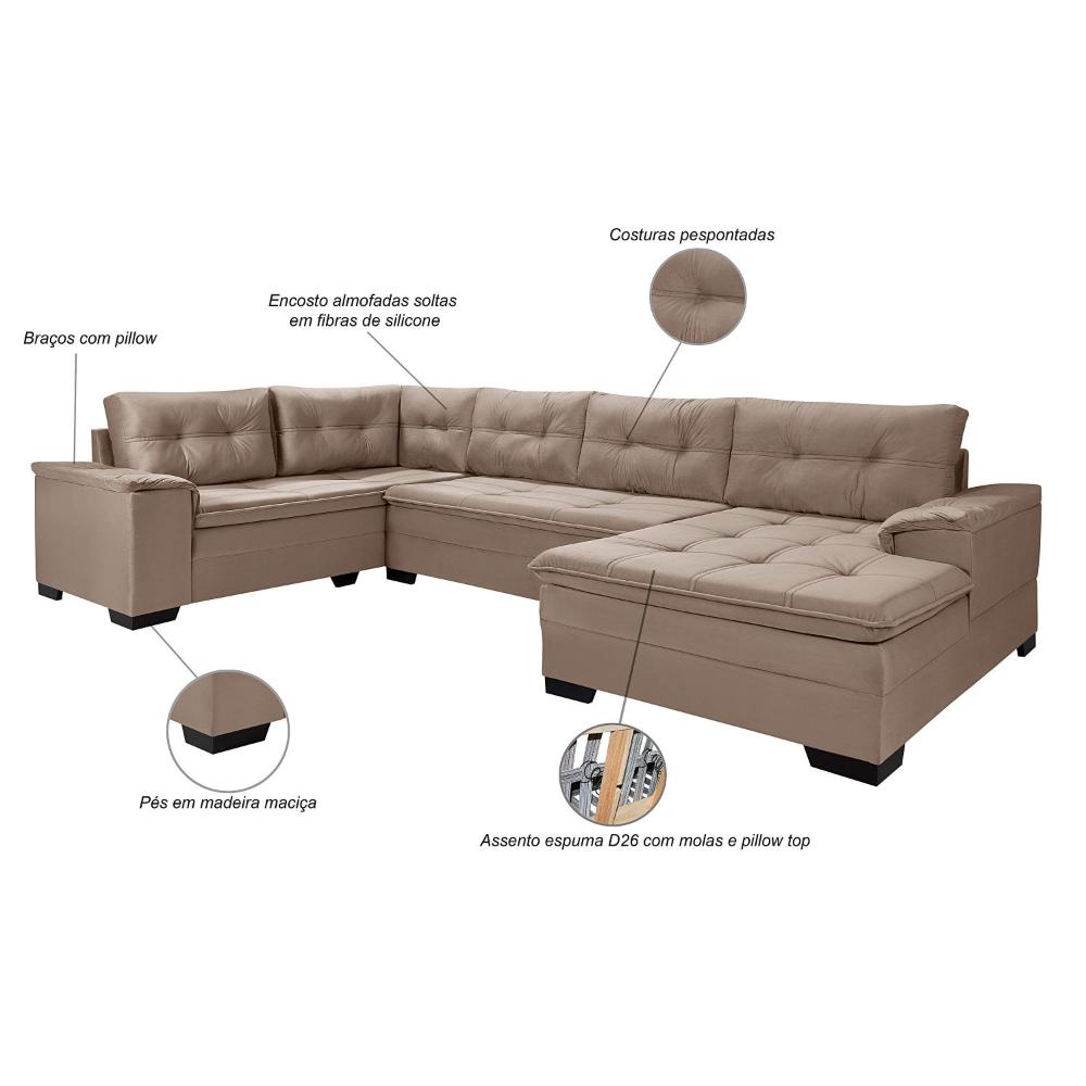 Miniatura Sofá de Canto 6 Lugares Com Chaise Suede Aveludado Viena Império Estofados Chocolate