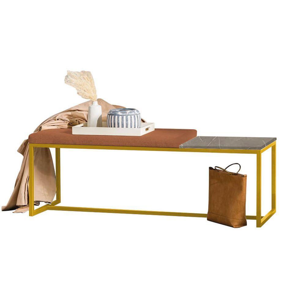 Miniatura Banco Recamier Puff 160cm Industrial Dourado Suede Terracota Tampo Quadrado Marmorizado