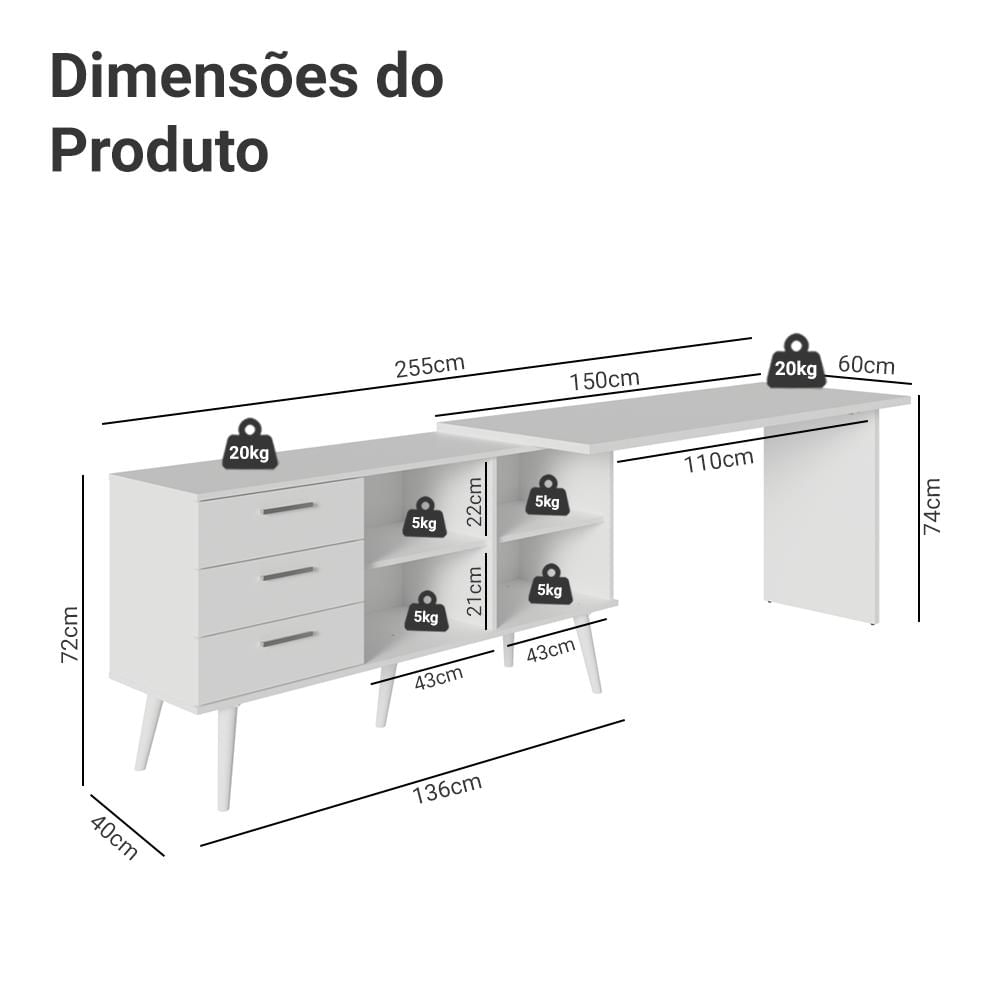 Miniatura Escrivaninha Em L Mesa Para Computador Gamer 3 Gavetas Lisboa Madesa Branco