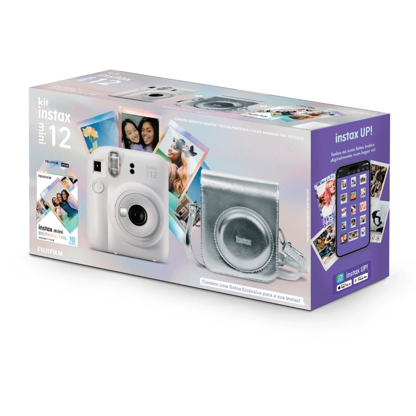 Kit Câmera Instantânea FujiFilm Instax Mini 12 Branco Mermaid com Bolsa e Pack 10 Filmes