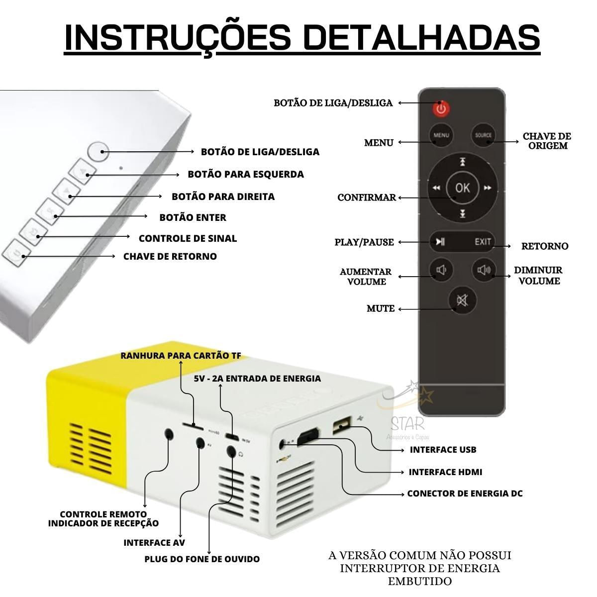 Miniatura Mini Projetor Portátil Led 1080P 600 Lúmens Controle Remoto