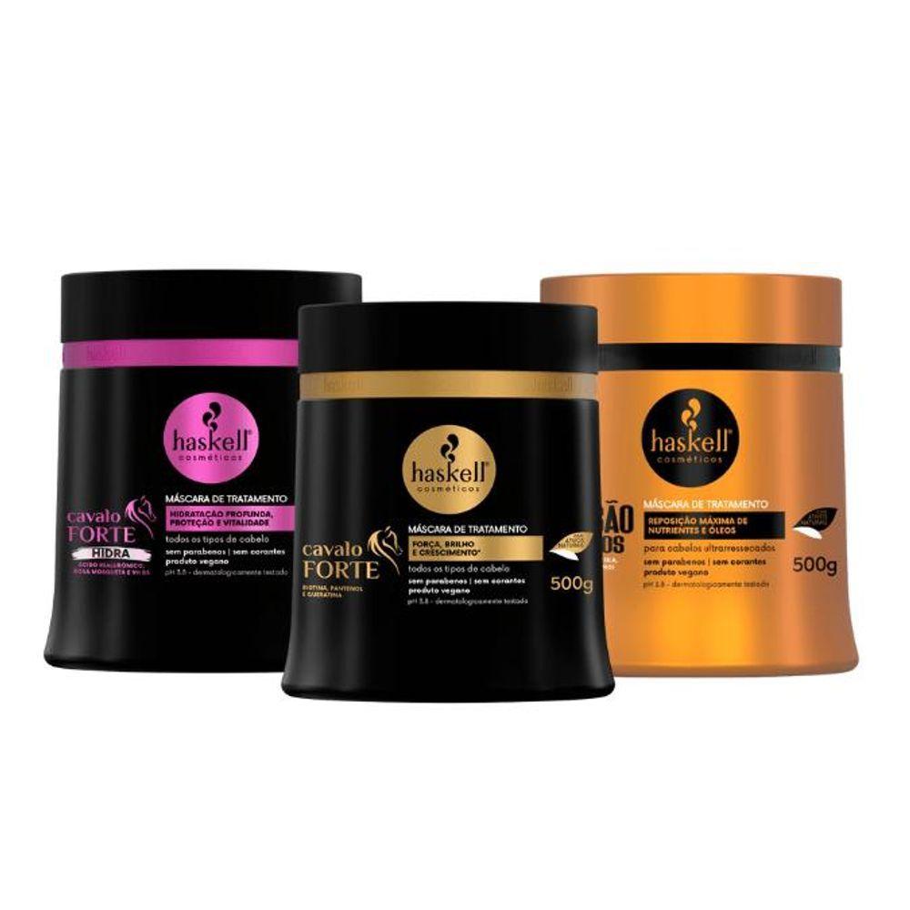 Miniatura Kit Máscaras Cavalo Forte Hidra + Cavalo Forte + Infusão De óleos Haskell - 500g - Cabelos Ressecados