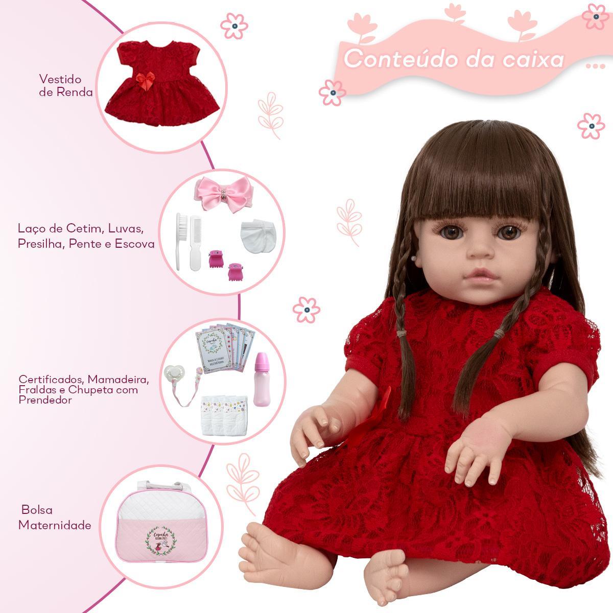 Miniatura Boneca Reborn Realista Cabelo Castanho Enxoval Bolsa Itens