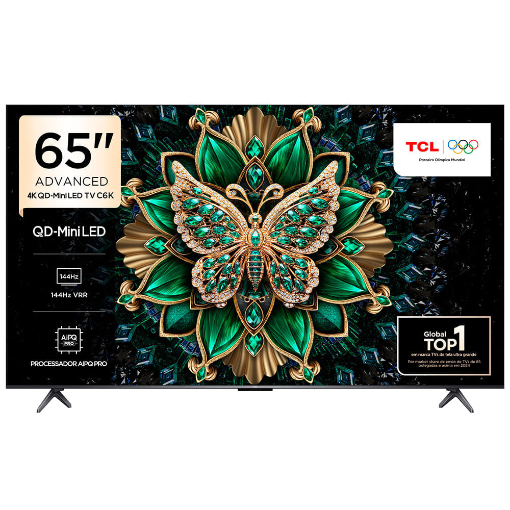 Miniatura Smart TV 4K TCL QD-Mini LED 65” Polegadas com HDMI 2.1, Dolby Vision IQ, Subwoofer, 144Hz VRR e Wi-Fi - 65C6K Bivolt