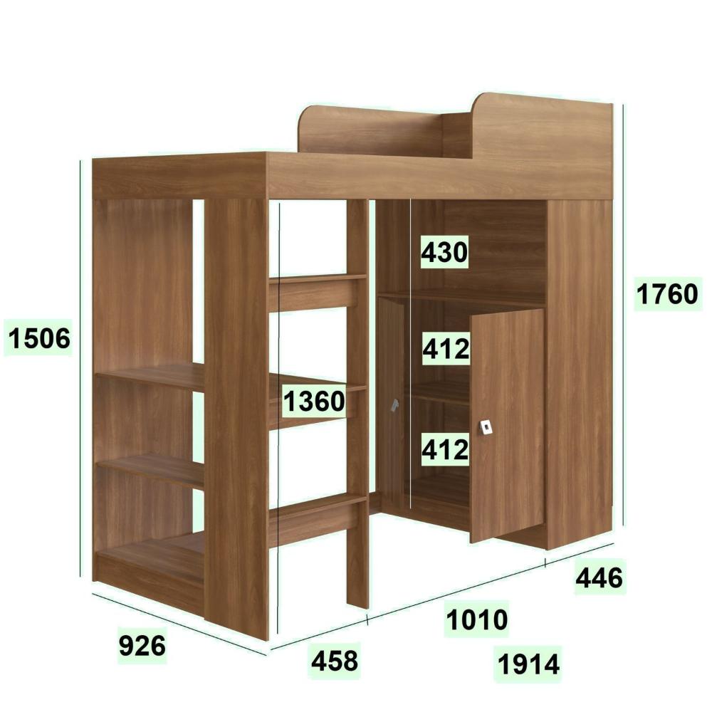 Miniatura Cama Alta Multifuncional Infantil/Juvenil com Armário e Escrivaninha San Francisco Nogal