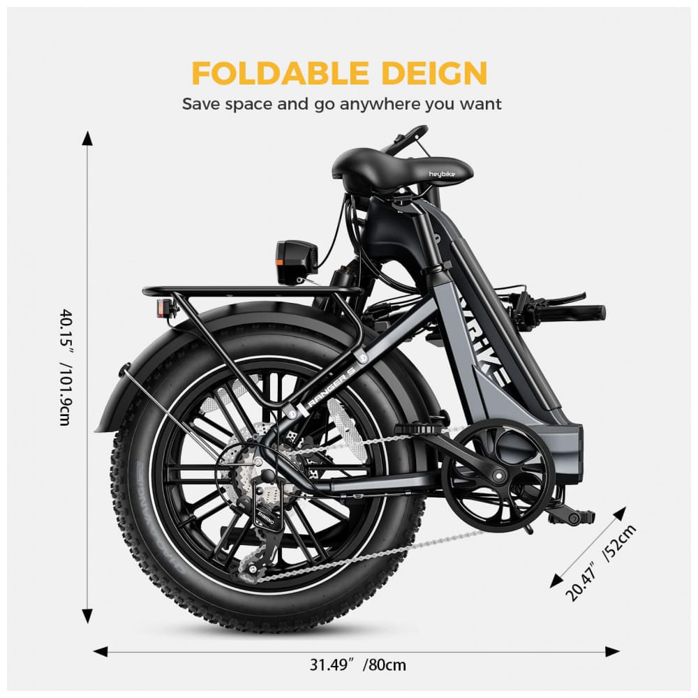Miniatura Bicicleta Elétrica Heybike Ranger S para Adultos, Motor de 1400W, Pneu Gordo 20" x 4.0", Bateria Removível de 48V 14.4AH, Dobrável, Cinza com Cesta Di
