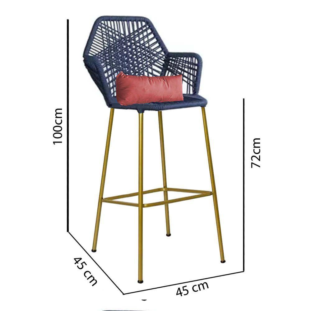 Miniatura Banqueta Alta Com Encosto Sttar Ferro Dourado Fibra Azul Marinho Almofada Suede Rose Gold