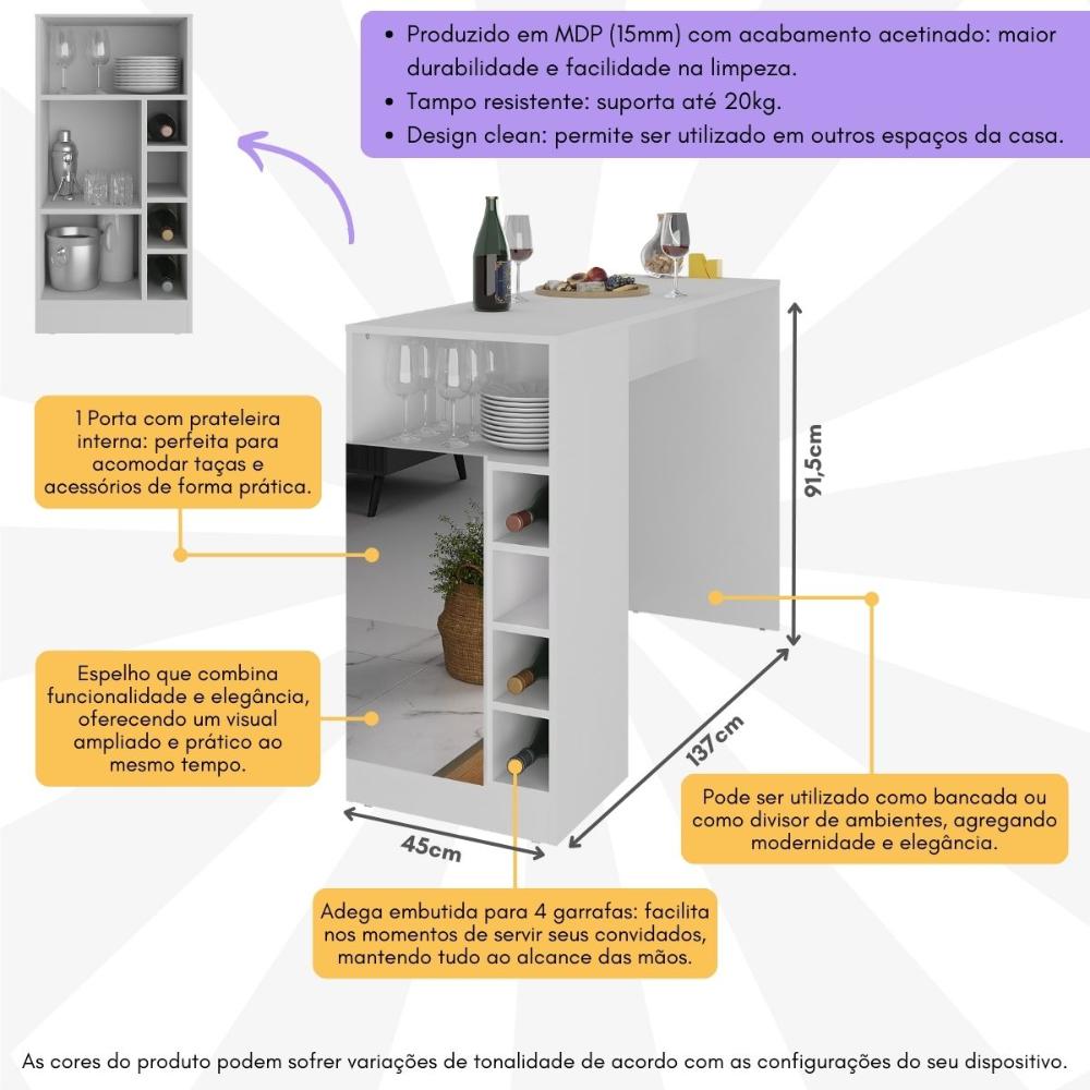 Miniatura Bancada Balcão/Mesa de Cozinha com Adega 1 Porta e Espelho Multimóveis MP2248 Branco