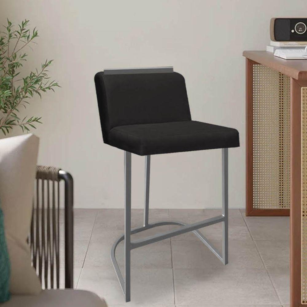 Miniatura Banqueta Com Encosto Nynna Luxo Confort Bistrô Cozinha Ferro Cinza Suede Preto - Amey Decor