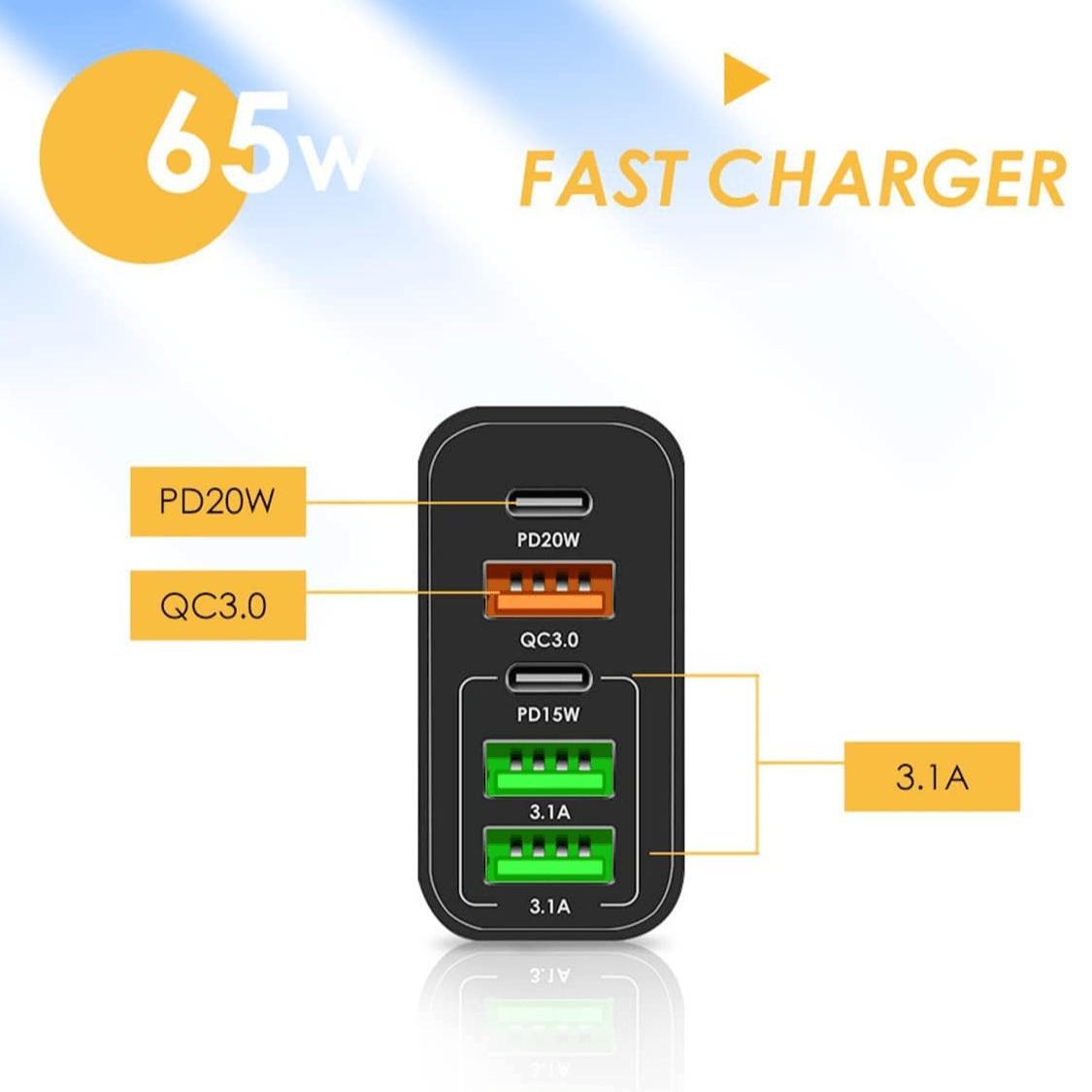 Miniatura Carregador Turbo Pd 65W 5 Em 1 Fast Charge 3X Usb-A 2X Usb-C