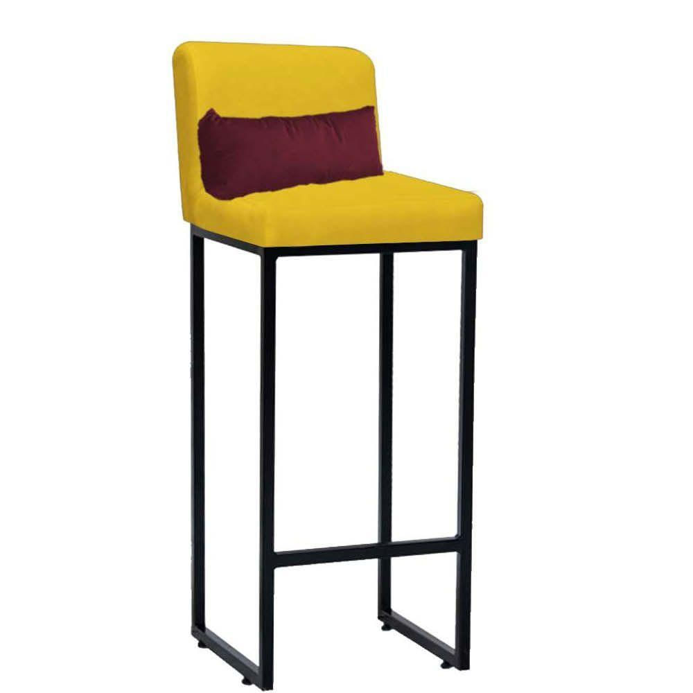 Miniatura Banqueta Alta Com Encosto Industrial Ferro Preto Suede Amarelo E Almofada Bordô - Amey Decor