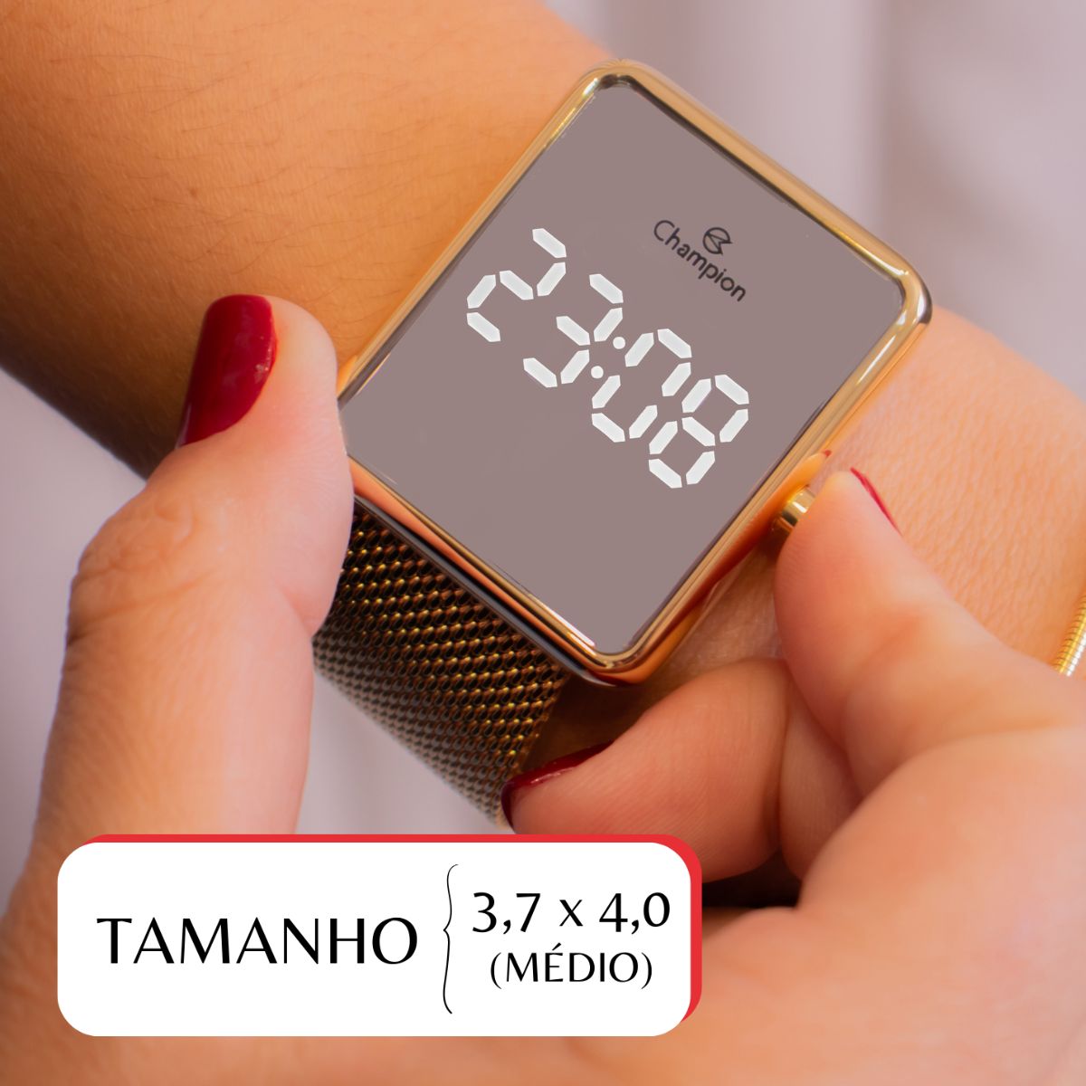 Miniatura Relógio Feminino Champion Digital Espelhado Dourado CH40083B + Pulseira Berloques