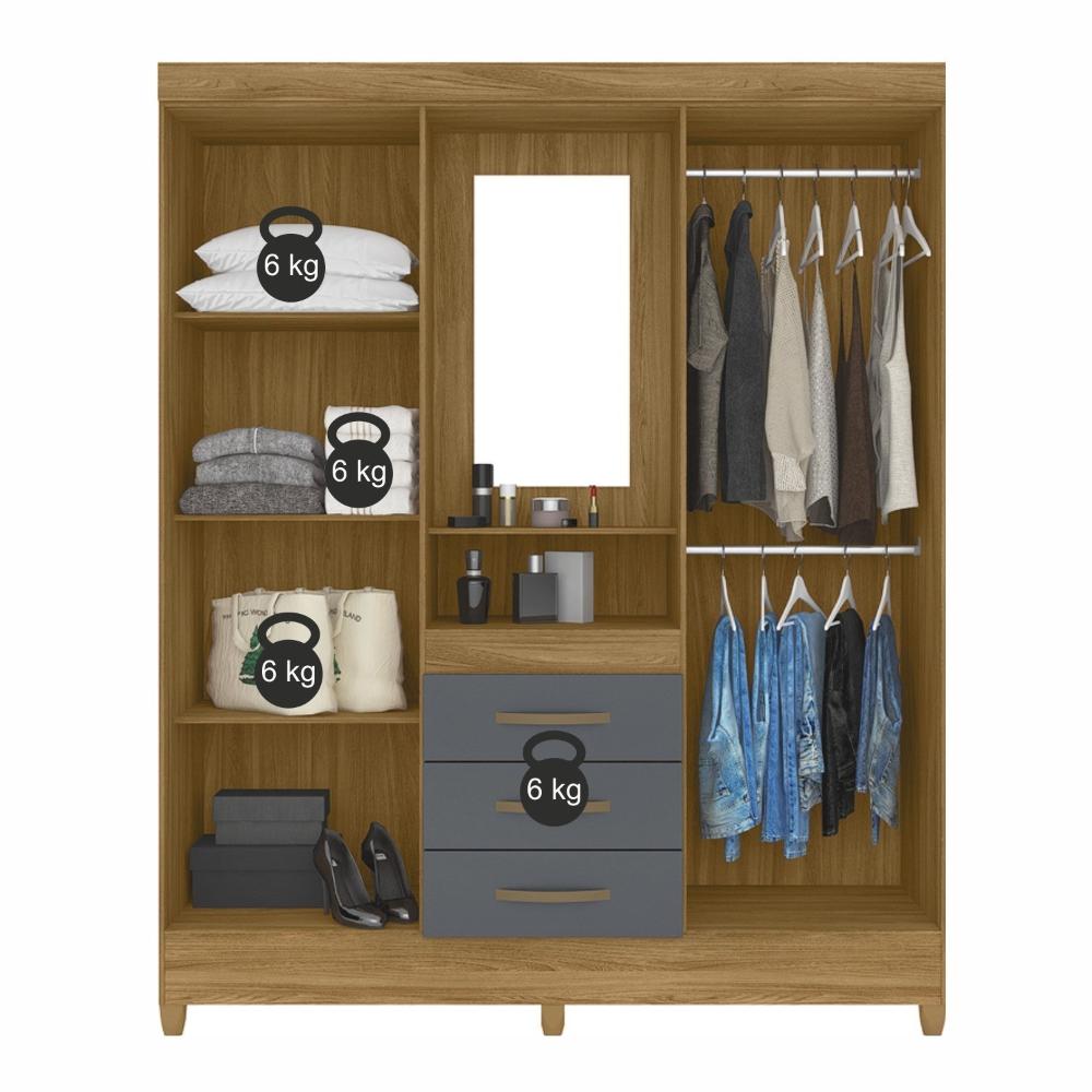 Miniatura Guarda-roupa Casal Capelinha com Espelho 04 Portas e Pés Capri Freijó/Cinza