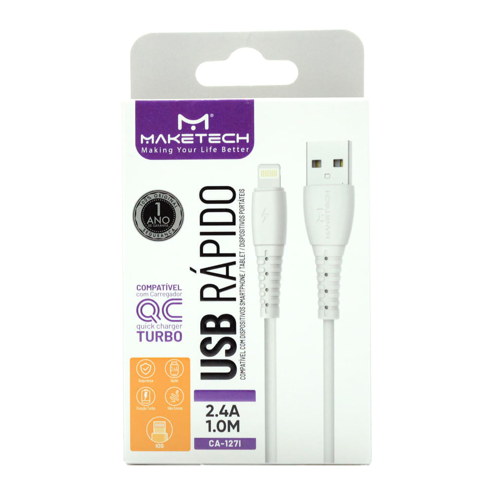 Miniatura Cabo Micro USB IOS Maketech CA 127I Branco 2.4A 1 Metro